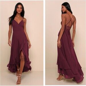 Lulus In Love Forever Plum Lace-Up High-Low Maxi Dress Size XS Bridesmaid Flowy
